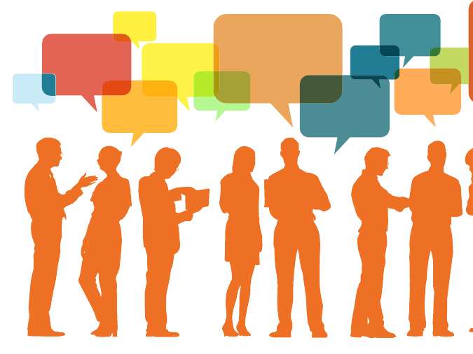 Illustration mit Menschen und Sprechblasen